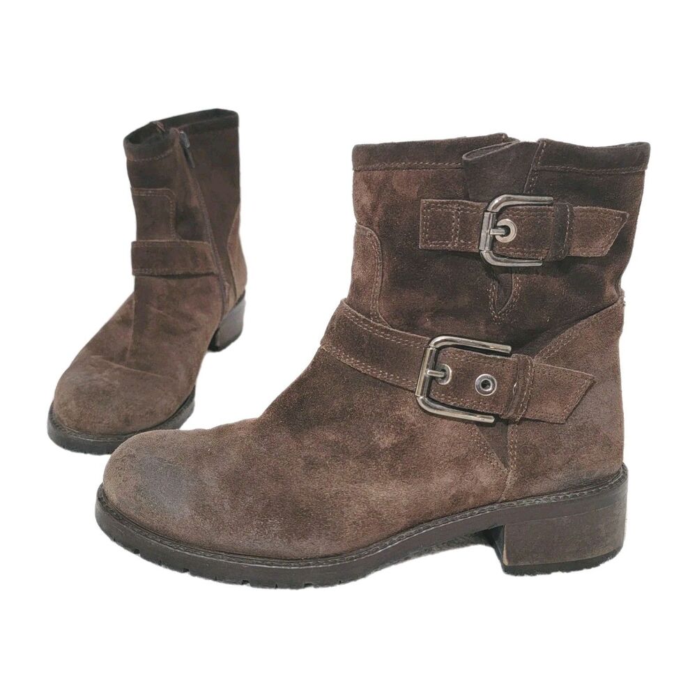 Sesto‎ Meucci Ankle Moto Boots Brown Nubuck Buckle Lug Sole Sz 8M Made In Italy